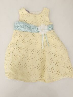 Blueberi Boulevard Pale Yellow Eyelet Dress with Aqua Gingham Sash Baby Girl 18M